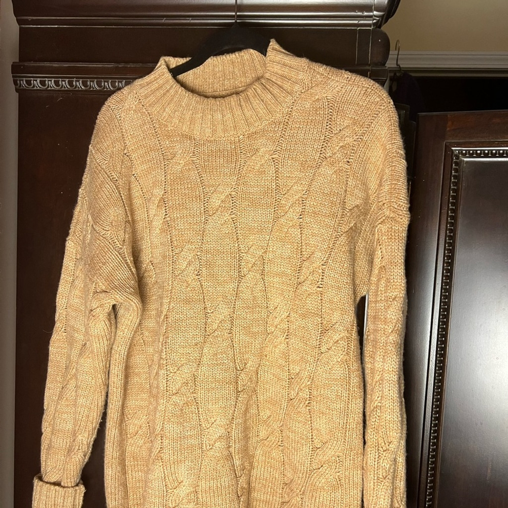 Lands' End Tan Cowl Neck Cable Knit Sweater Academia Fishetman Coast Grandpa